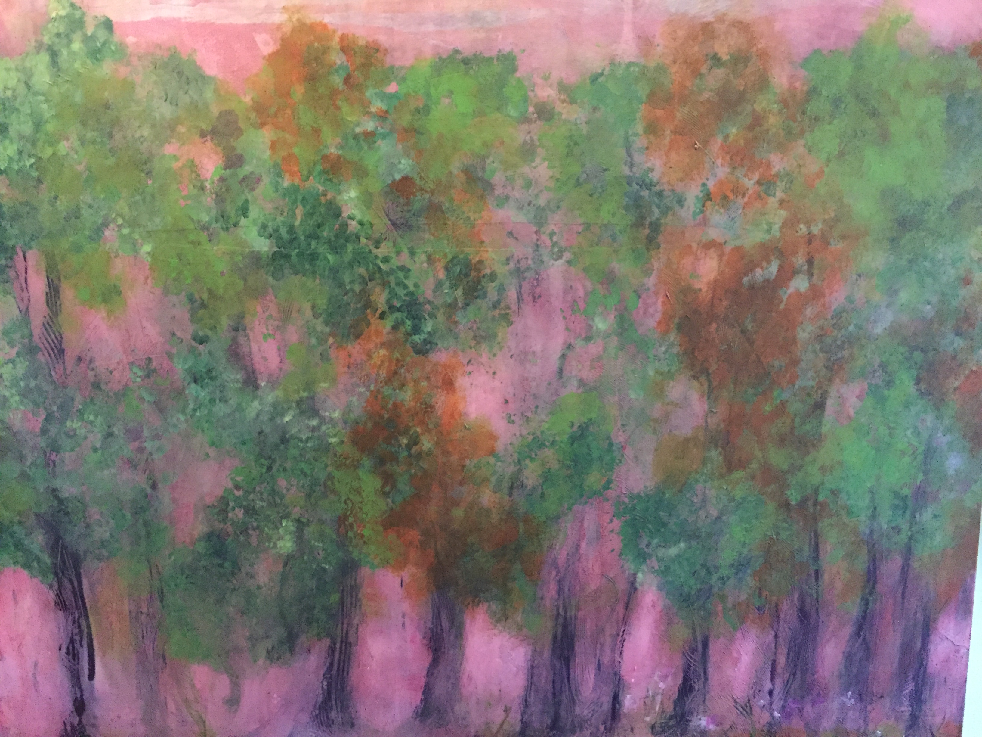 atmospheric, impressionist green trees with mauve flowers/leaves