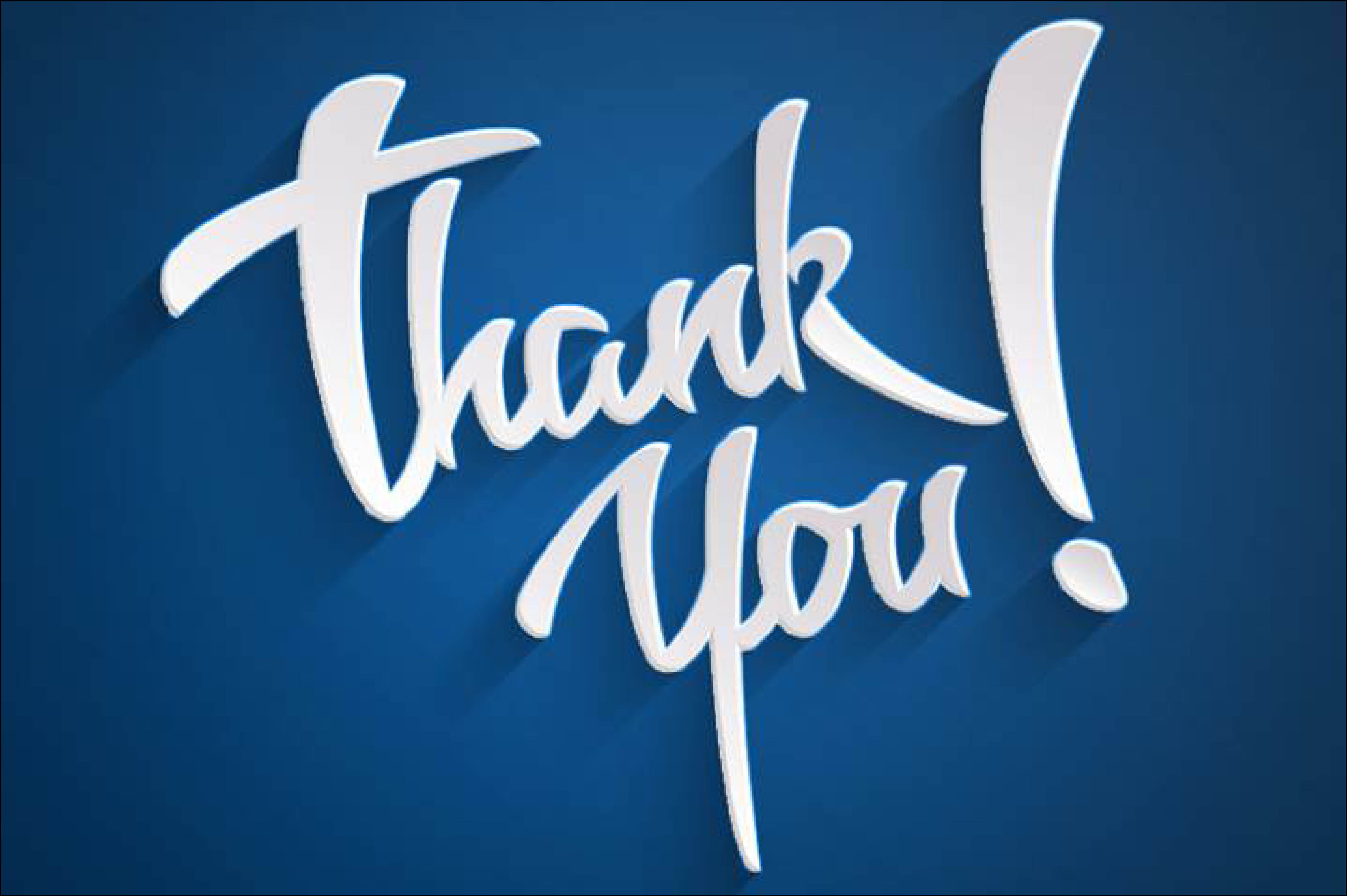 graphic of giant script thank you written in white on blue background