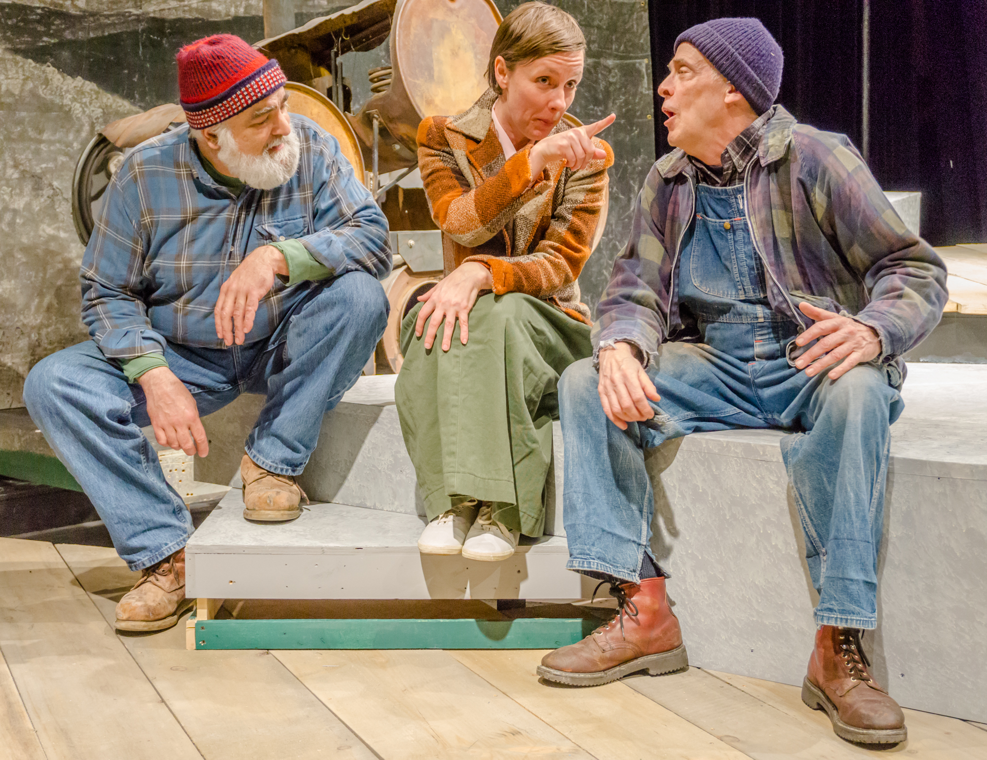 Abby Paige as "Edith" in David Budbill's Judevine. Edith is gossiping at the roller rink with Conrad (Bob Nuner) and Doug (Mark Roberts) photo courtesy of John Snell